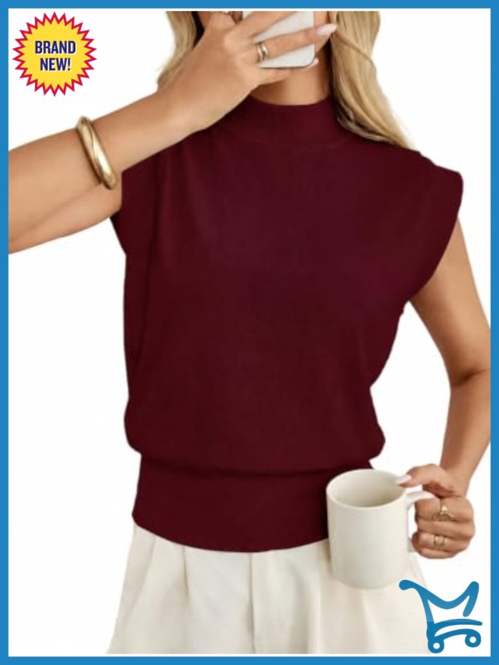 Mock Neck Cap Sleeve Sweater Vest Cinched Waist Knit Top